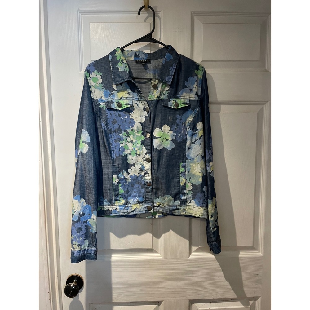 Tribal Womens Floral Print Lyocell Denim Jacket Blue Green Size M